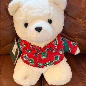 White NWT Santa Teddy Bear with Red Travel shirt and Backpack